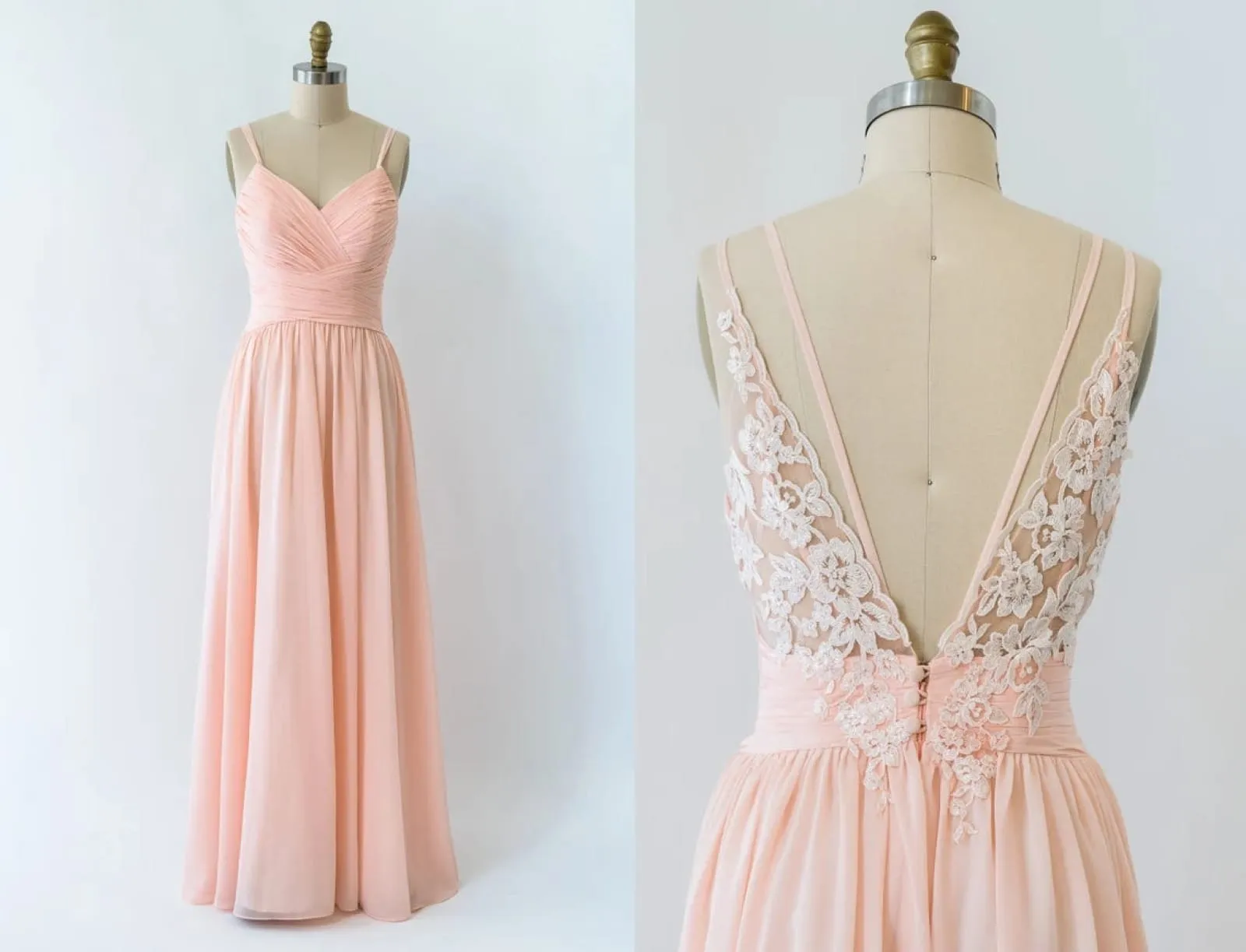 V Neck Double-strap Lace Blush Pink Chiffon Long Bridesmaid Dress