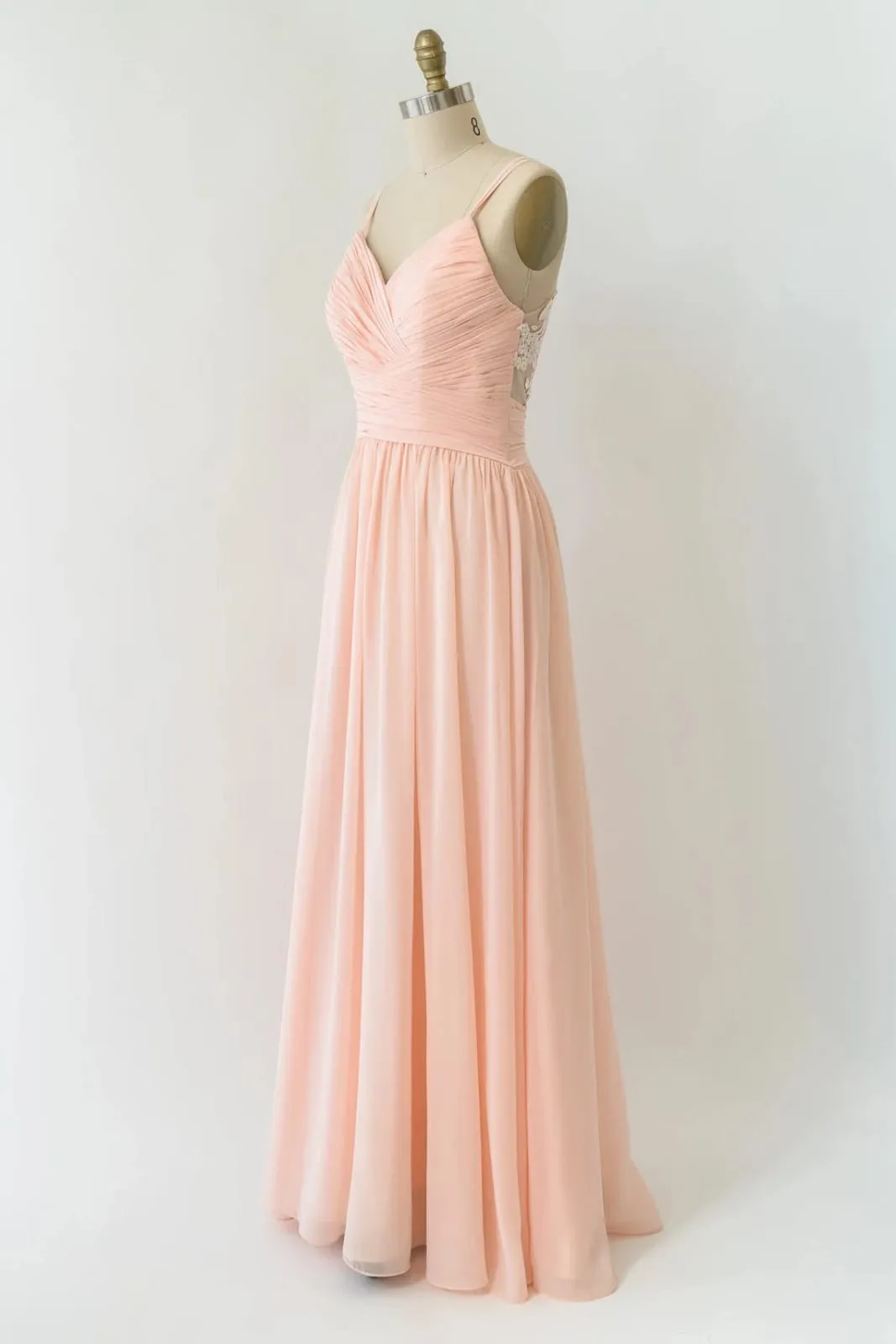 V Neck Double-strap Lace Blush Pink Chiffon Long Bridesmaid Dress