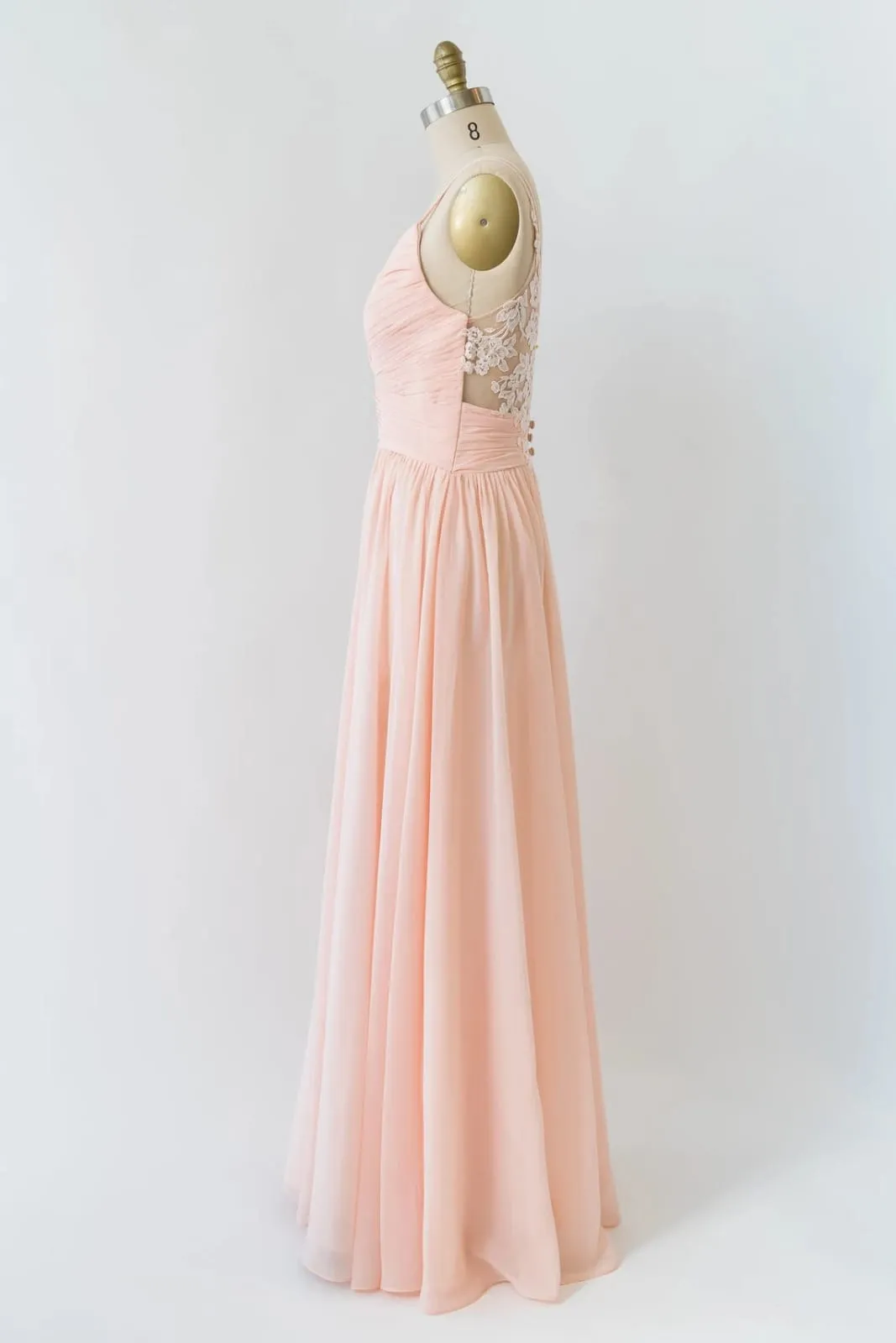 V Neck Double-strap Lace Blush Pink Chiffon Long Bridesmaid Dress