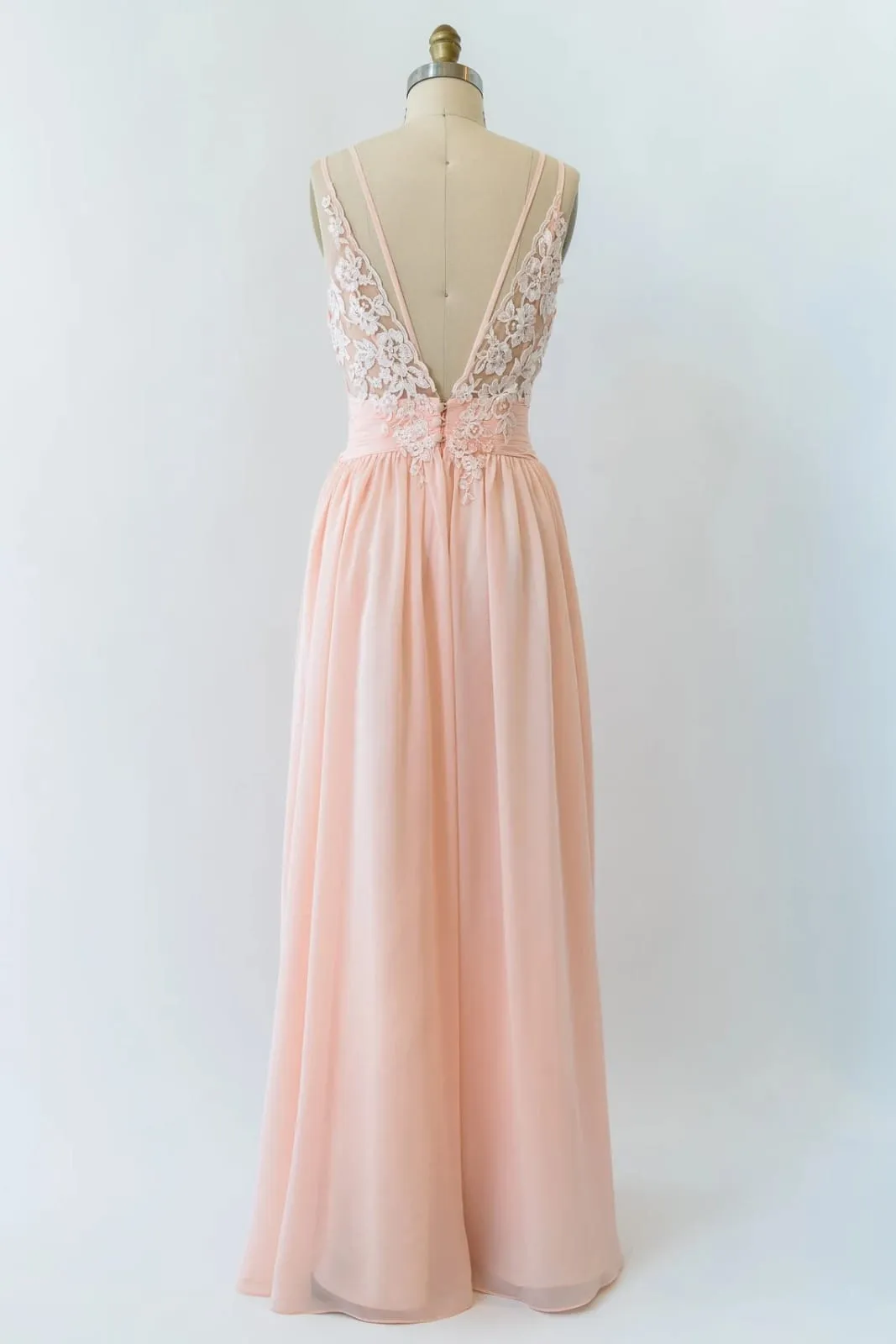 V Neck Double-strap Lace Blush Pink Chiffon Long Bridesmaid Dress
