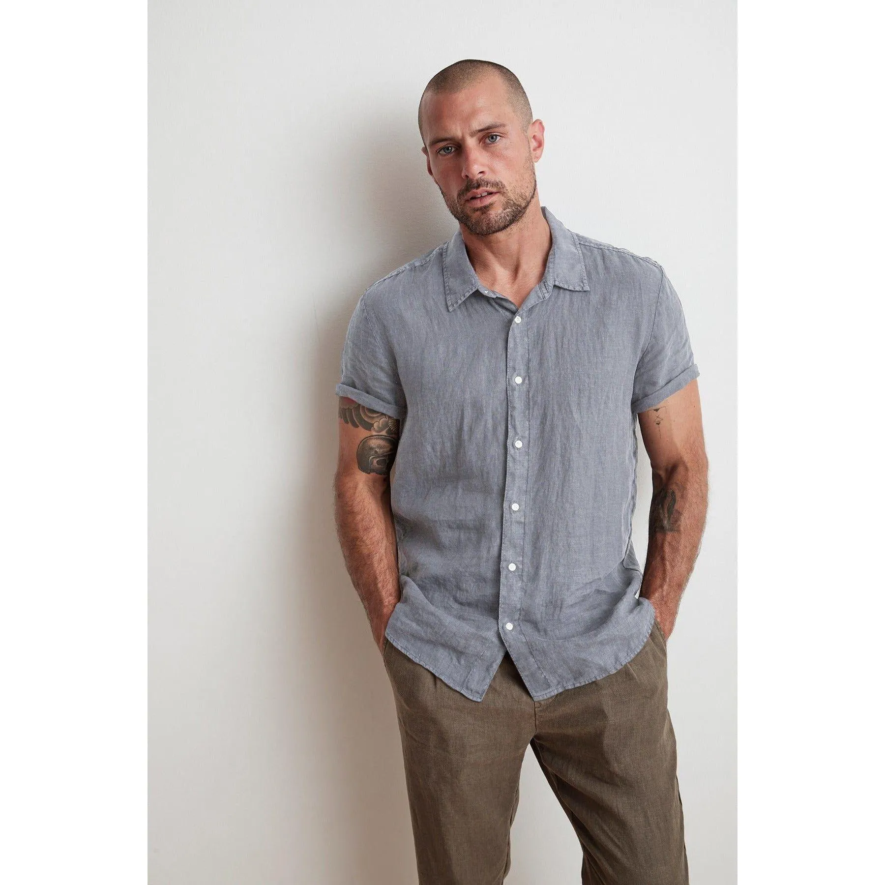 Velvetmen Mackie Linen Button Up Shirt in Dolphin