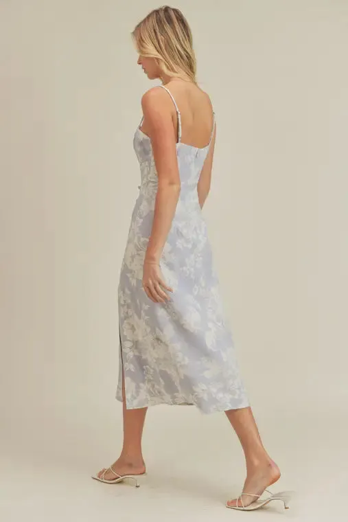 Verona Blue Linen Floral Midi Dress