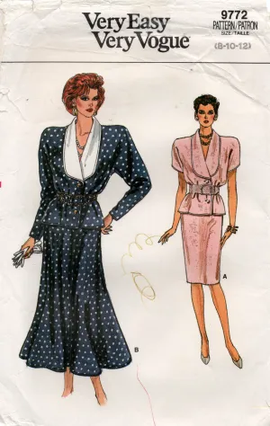 Very Easy Vogue 9772 Womens Shawl Collar Top & Slim or Flared Skirt 1980s Vintage Sewing Pattern Size 8 - 12 UNCUT Factory Folded