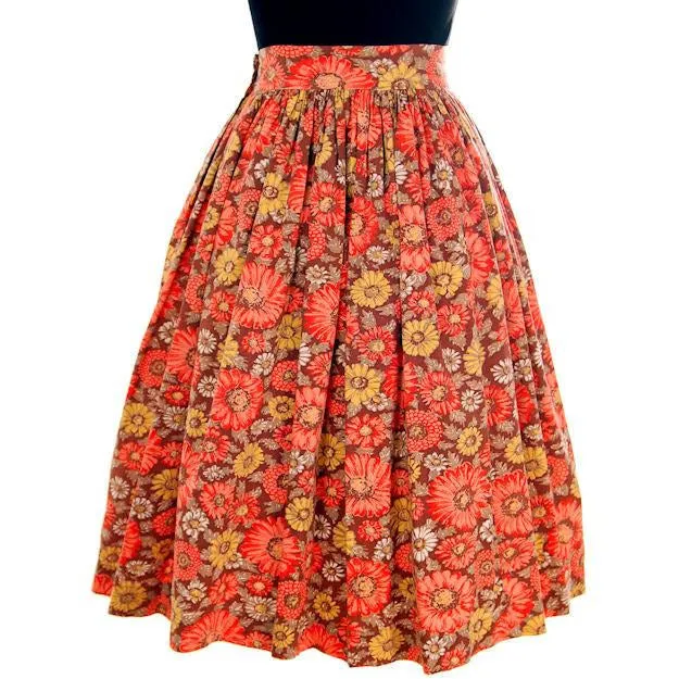 Vintage Cotton Skirt Daisy & Dahlia Print Orange/Brown 1940s Medium