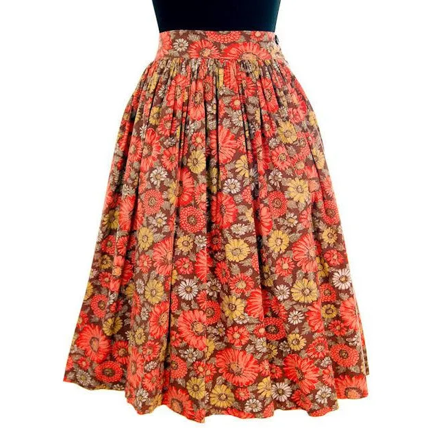 Vintage Cotton Skirt Daisy & Dahlia Print Orange/Brown 1940s Medium