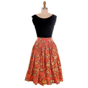 Vintage Cotton Skirt Daisy & Dahlia Print Orange/Brown 1940s Medium