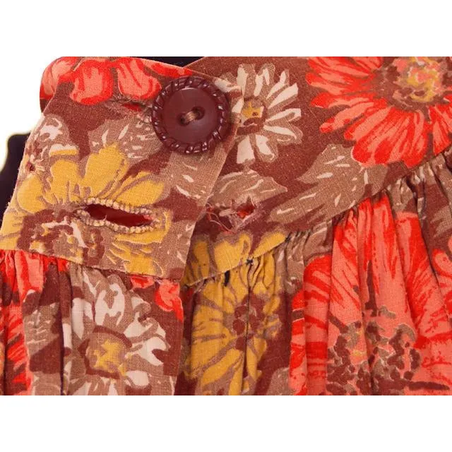 Vintage Cotton Skirt Daisy & Dahlia Print Orange/Brown 1940s Medium