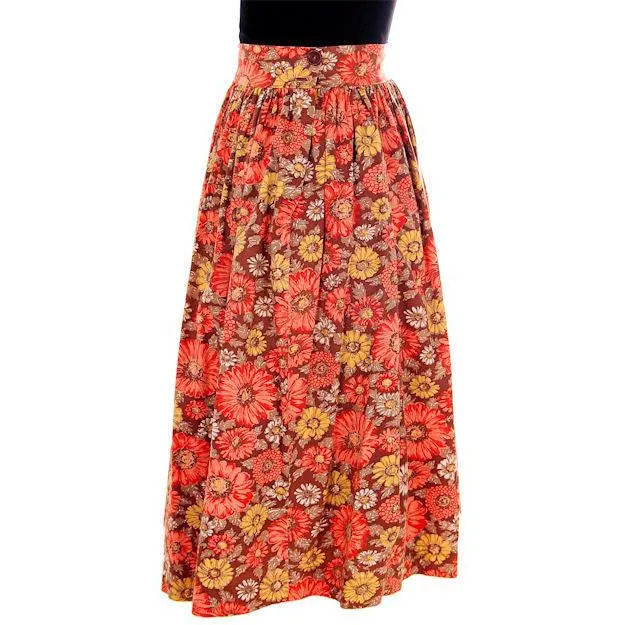 Vintage Cotton Skirt Daisy & Dahlia Print Orange/Brown 1940s Medium