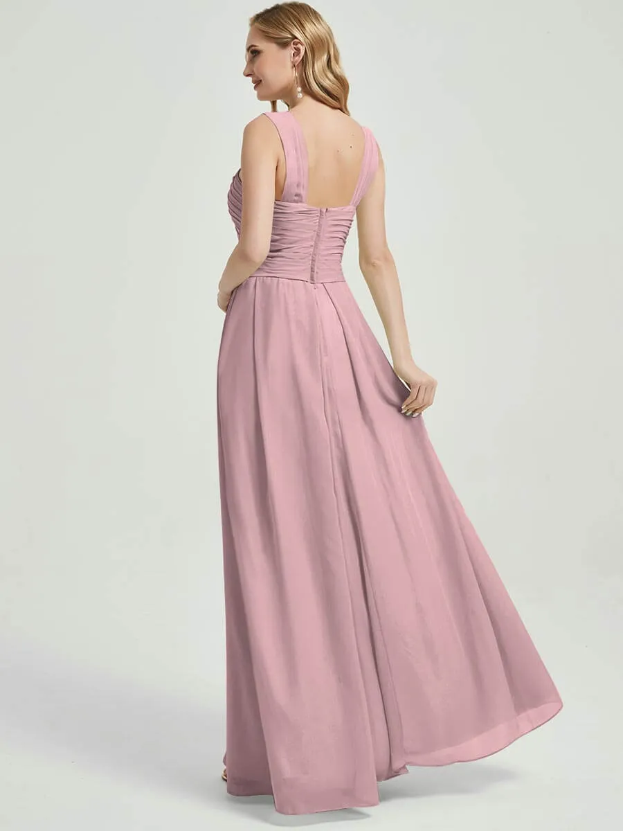 Vintage Mauve Cross-Neck A-Line Floor Length Chiffon Bridesmaid Dress
