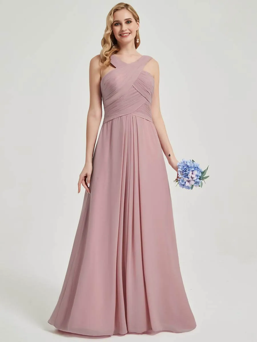 Vintage Mauve Cross-Neck A-Line Floor Length Chiffon Bridesmaid Dress