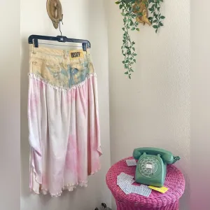 Vintage Risky Custom Mixed Maxi Skirt Denim Lace Western Boho Tye Dye Gypsy 27”W
