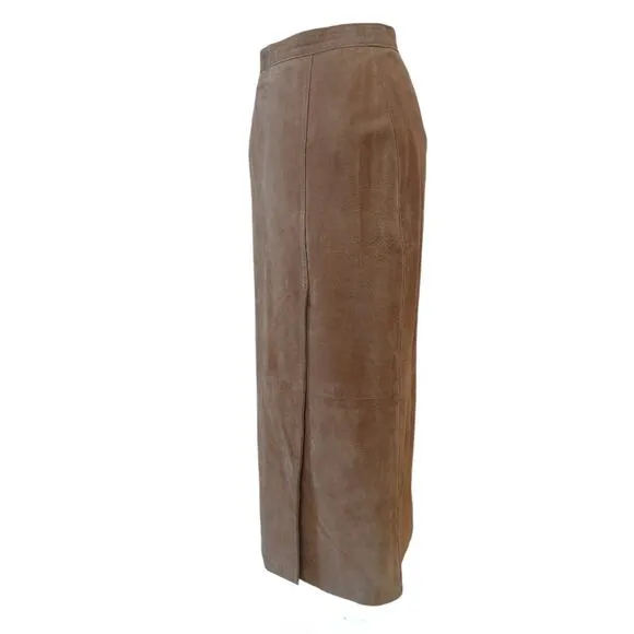 Vintage Tan Suede Maxi Skirt MARGARET GODFREY 90s High Waisted Fall Winter Sz 8