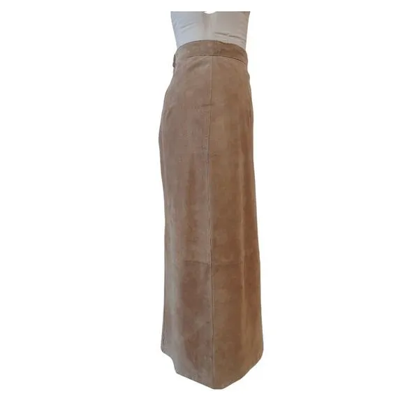 Vintage Tan Suede Maxi Skirt MARGARET GODFREY 90s High Waisted Fall Winter Sz 8