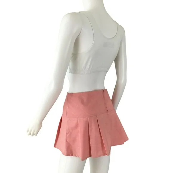Vtg Y2K Pleated Micro Mini Skirt L Low Rise Pastel Pink Plaid Preppy Goth Barbie
