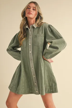 WASHED DENIM BUTTON DOWN FLARED MINI DRESS