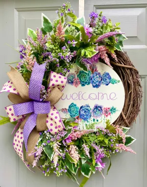 Welcome Floral Grapevine Wreath for Front Door, Spring or Summer Decor, Year Round or Everyday Wreath Wall Decor