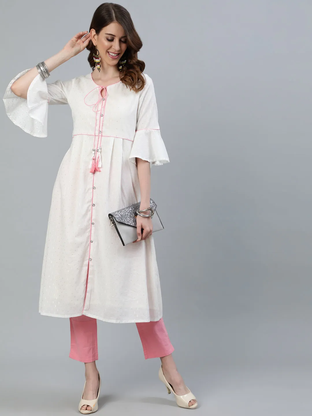 White And Pink Solid A-Line Cotton Kurta