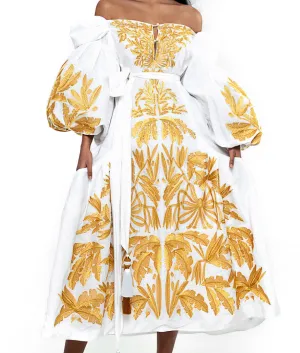 White dress with gold embroidery