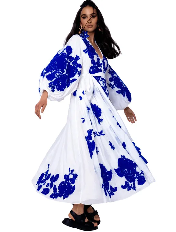 White embroidered dress with blue embroidery