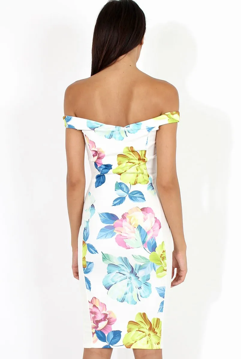 White Floral Print Off the Shoulder Midi Dress - Harmony