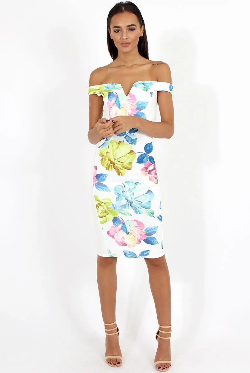 White Floral Print Off the Shoulder Midi Dress - Harmony