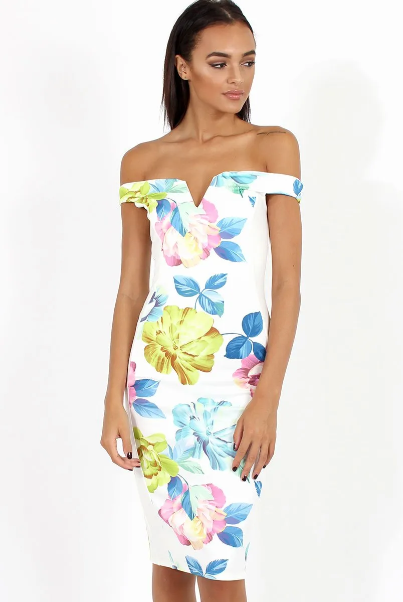 White Floral Print Off the Shoulder Midi Dress - Harmony