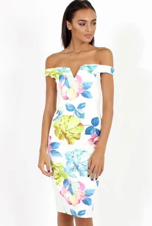 White Floral Print Off the Shoulder Midi Dress - Harmony