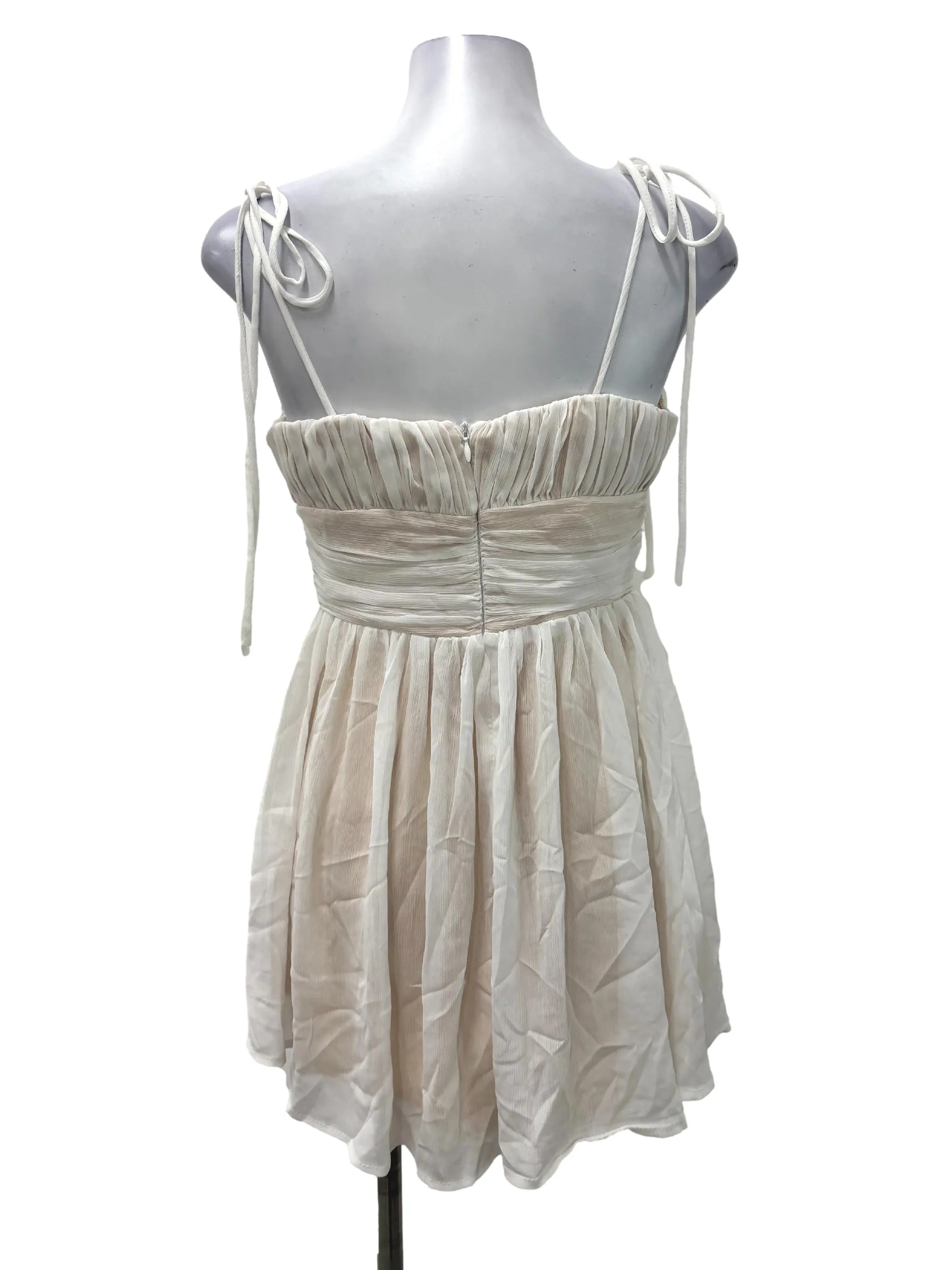 White Pleated Tulle Square Neck Dress