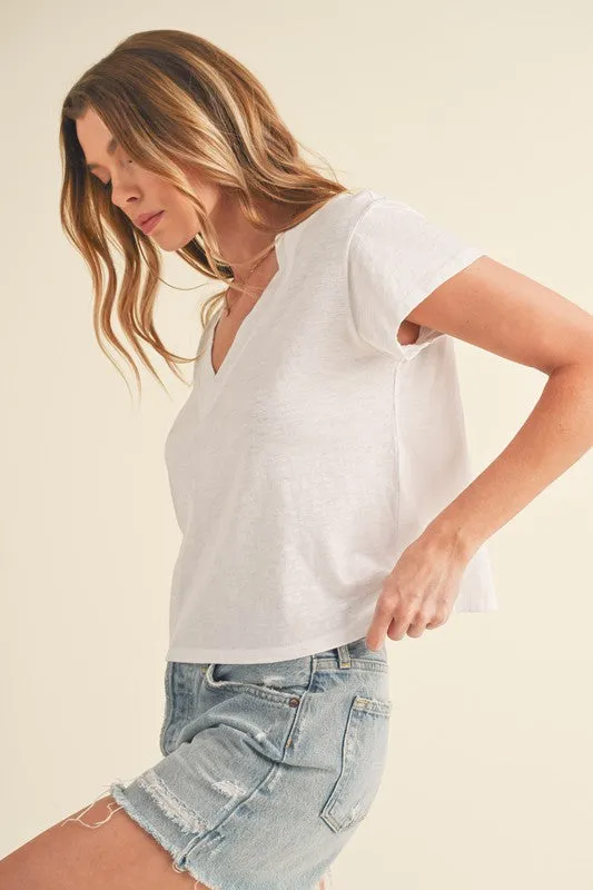 White Side Slit V-Neck Short Sleeve Cropped T-Shirt
