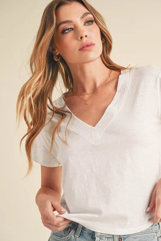 White Side Slit V-Neck Short Sleeve Cropped T-Shirt