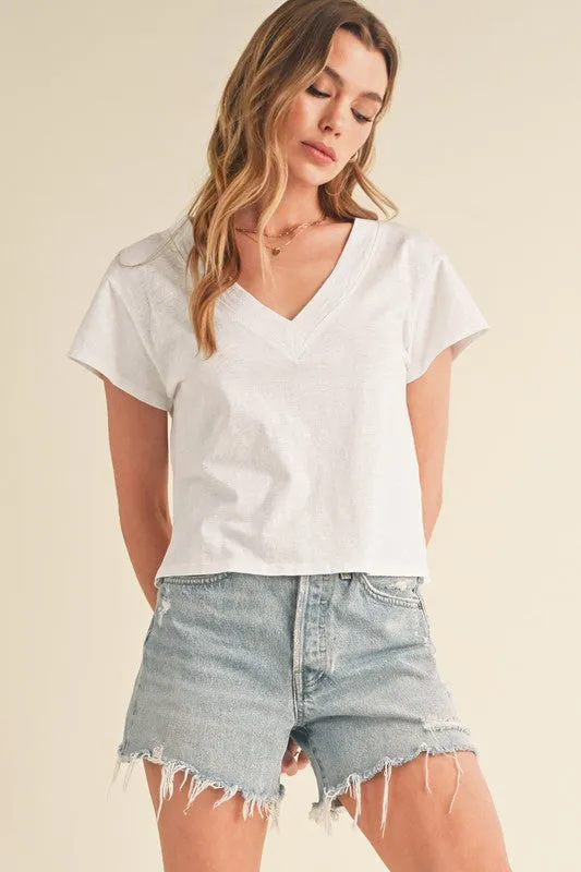 White Side Slit V-Neck Short Sleeve Cropped T-Shirt