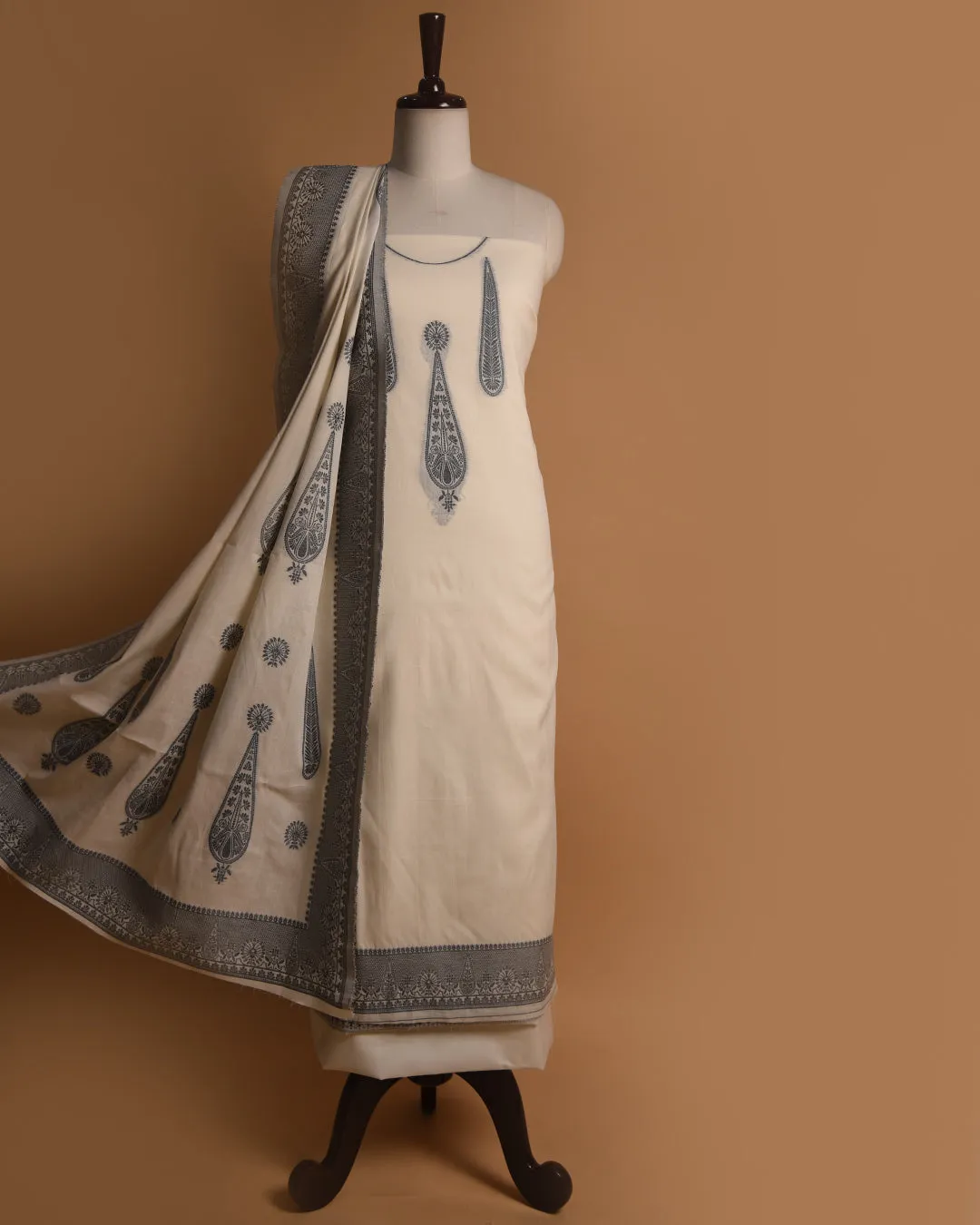 White With Grey Cotton Linen Woven Unstitched Suit Fabric Set With Cotton Linen Dupatta