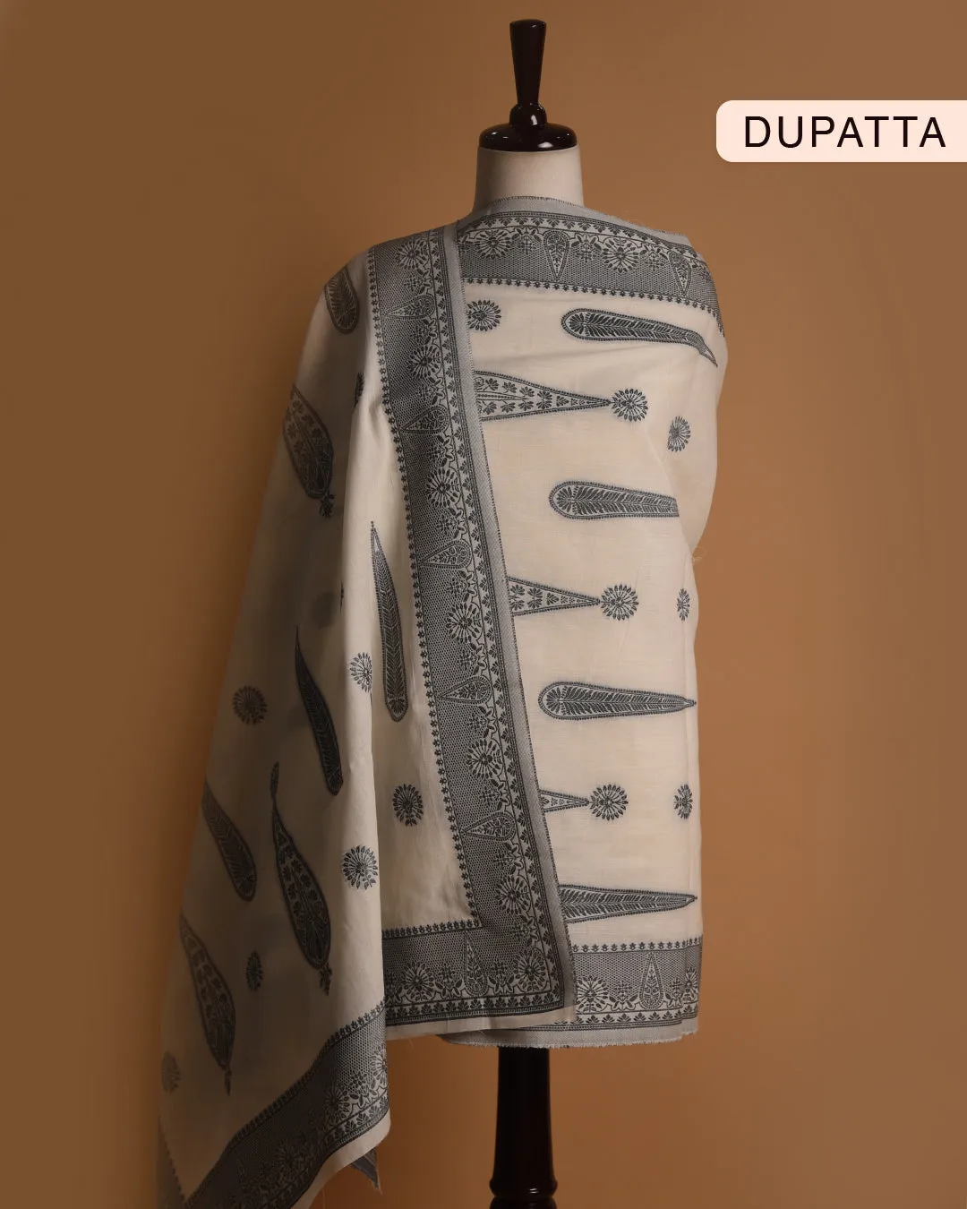 White With Grey Cotton Linen Woven Unstitched Suit Fabric Set With Cotton Linen Dupatta