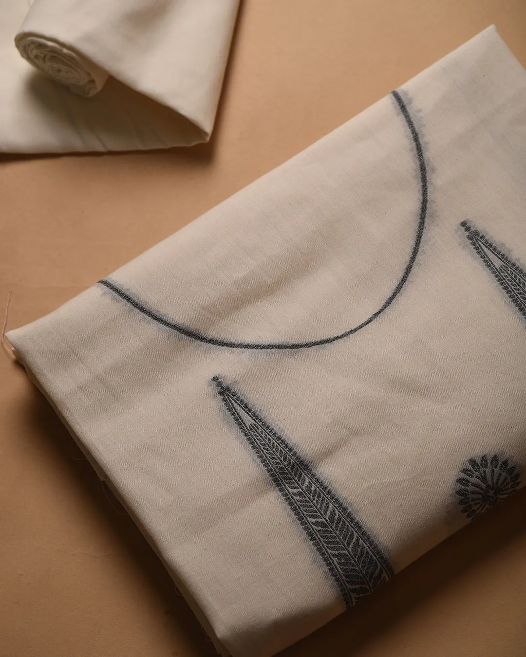 White With Grey Cotton Linen Woven Unstitched Suit Fabric Set With Cotton Linen Dupatta
