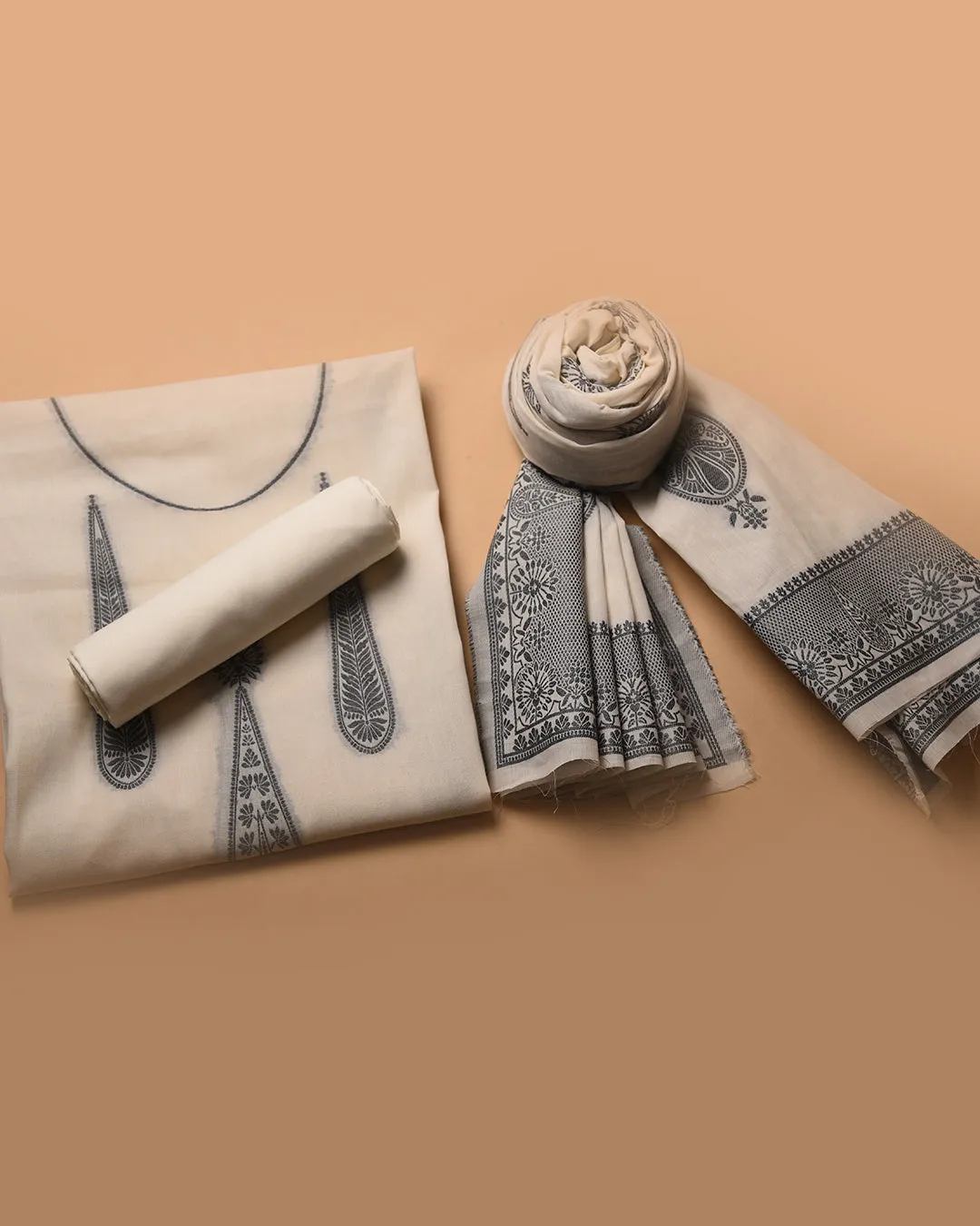 White With Grey Cotton Linen Woven Unstitched Suit Fabric Set With Cotton Linen Dupatta
