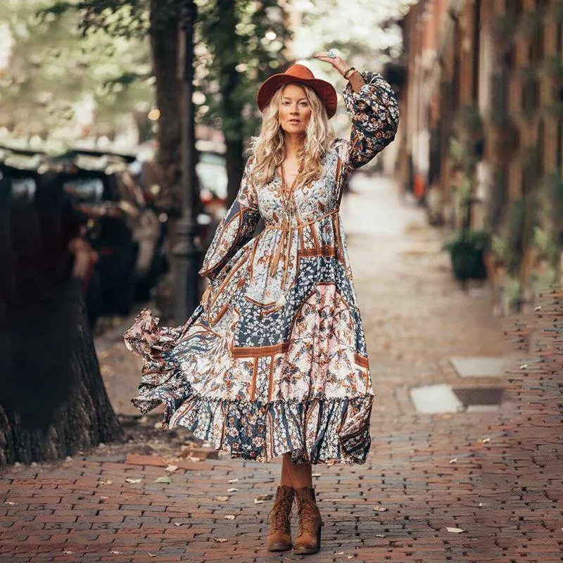 Women Bohemia Floral Print Maxi Dresses