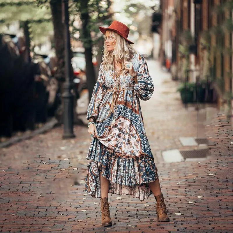Women Bohemia Floral Print Maxi Dresses