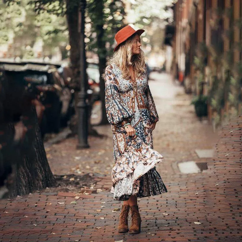 Women Bohemia Floral Print Maxi Dresses