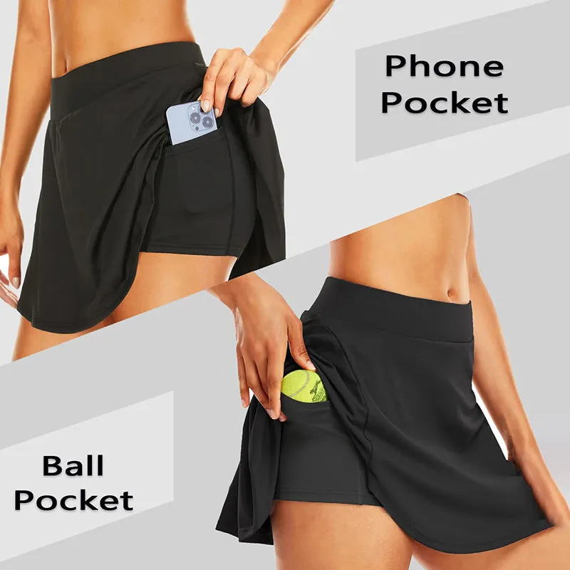 Women Pleated Flare Tennis Skorts With Pockets Shorts Golf Skirt Black