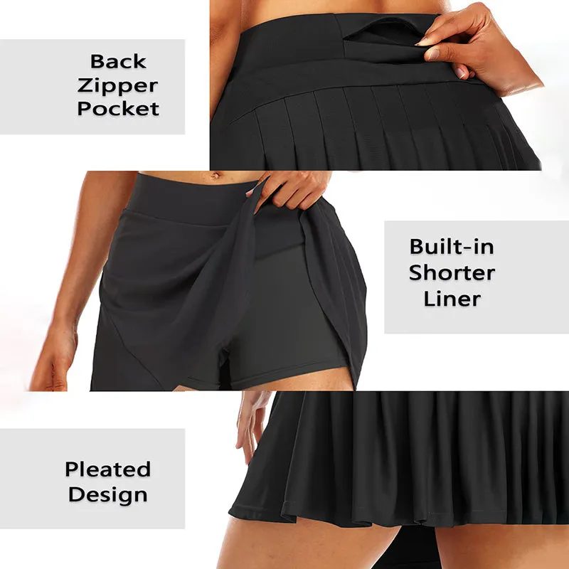 Women Pleated Flare Tennis Skorts With Pockets Shorts Golf Skirt Black