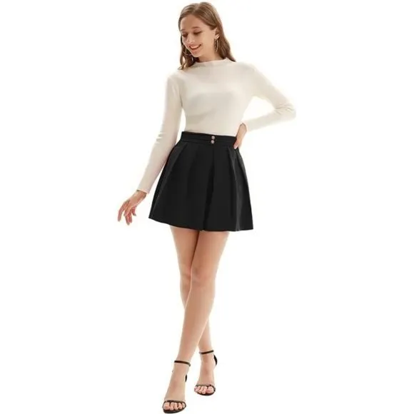 Women Pleated High Waisted Skirt A Line Skater Skirt with Pockets, Black