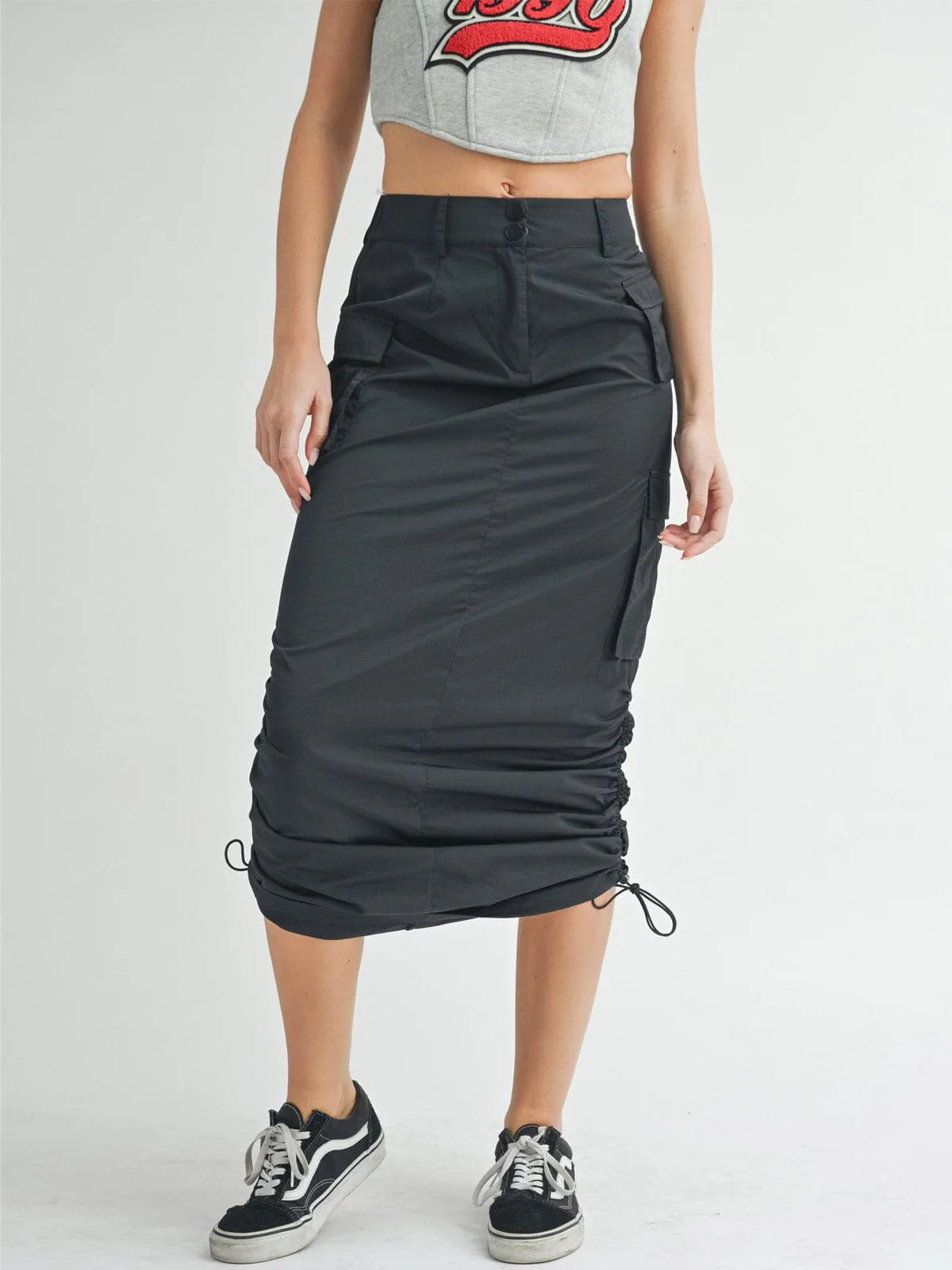 WOMEN'S BUTTON CLOSURE CARGO POCKETS SIDE RUCHED MAXI SKIRT