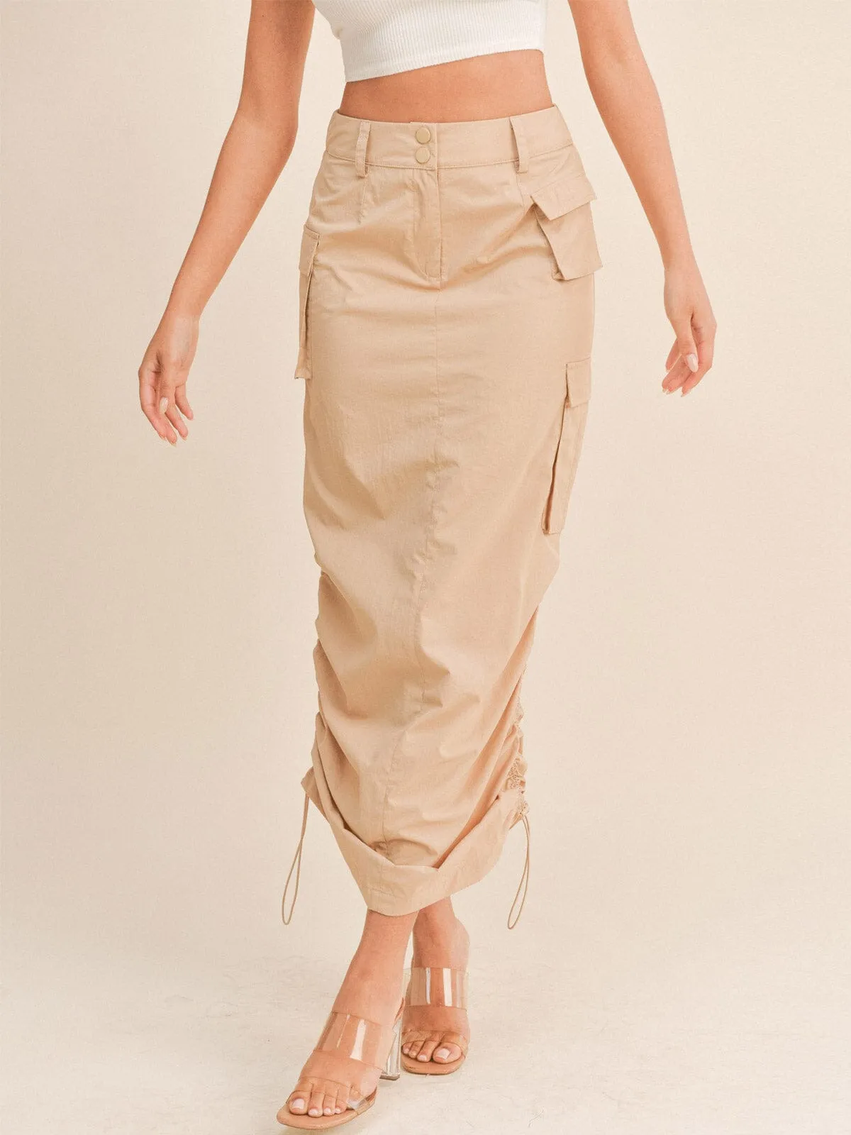 WOMEN'S BUTTON CLOSURE CARGO POCKETS SIDE RUCHED MAXI SKIRT