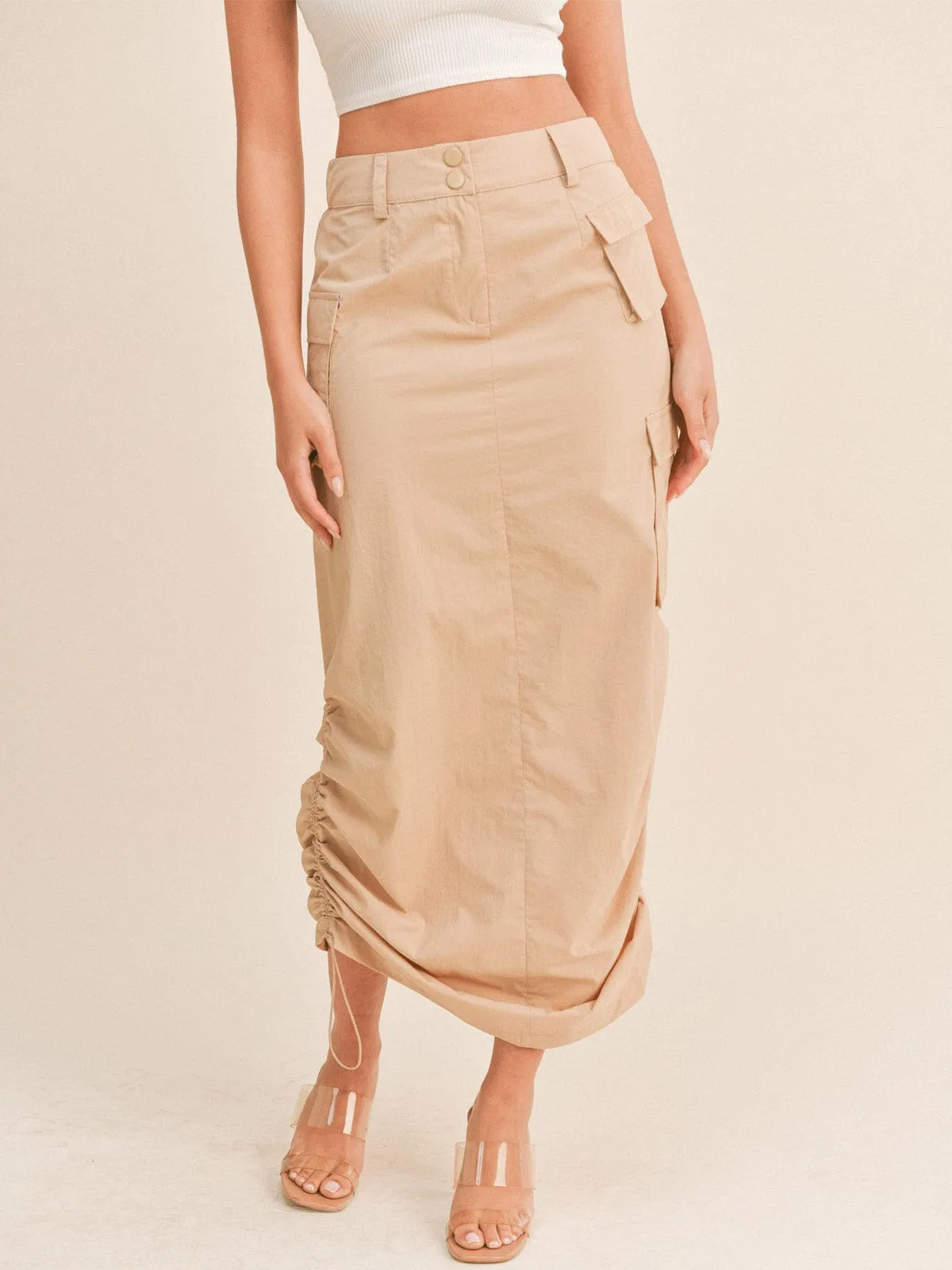 WOMEN'S BUTTON CLOSURE CARGO POCKETS SIDE RUCHED MAXI SKIRT