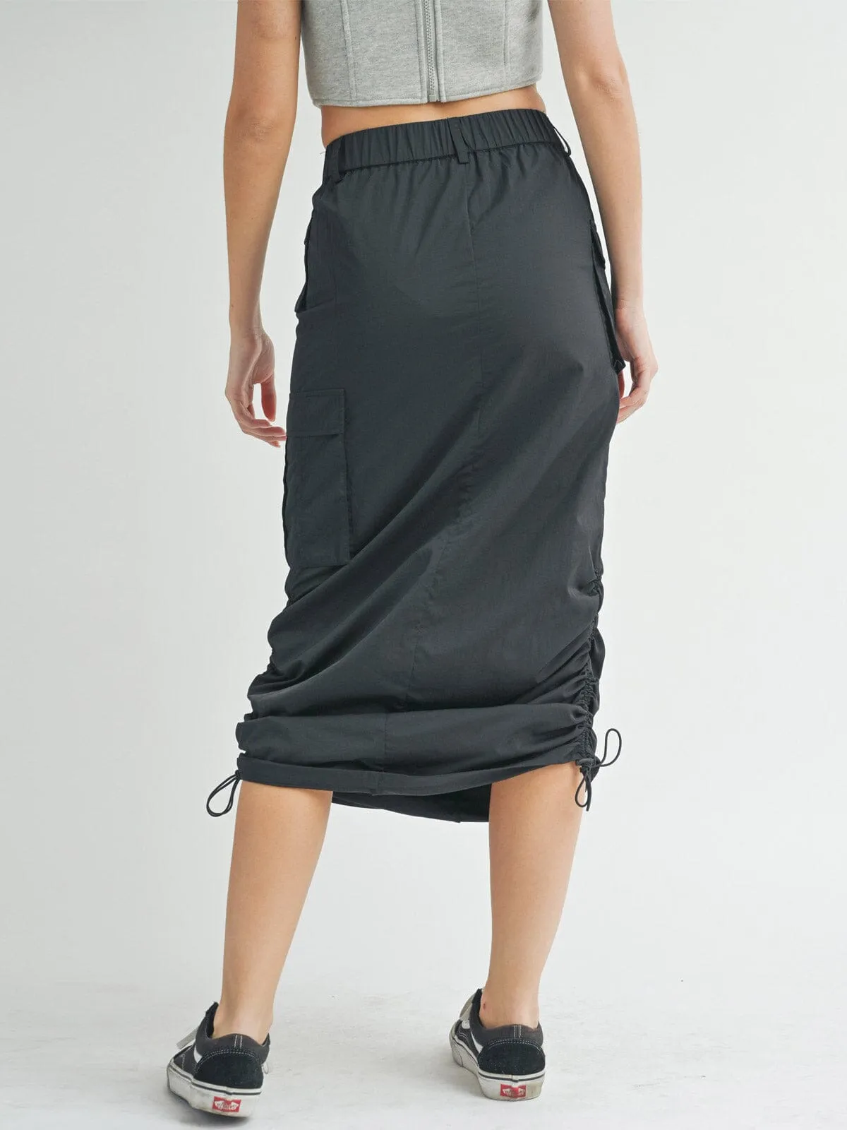 WOMEN'S BUTTON CLOSURE CARGO POCKETS SIDE RUCHED MAXI SKIRT