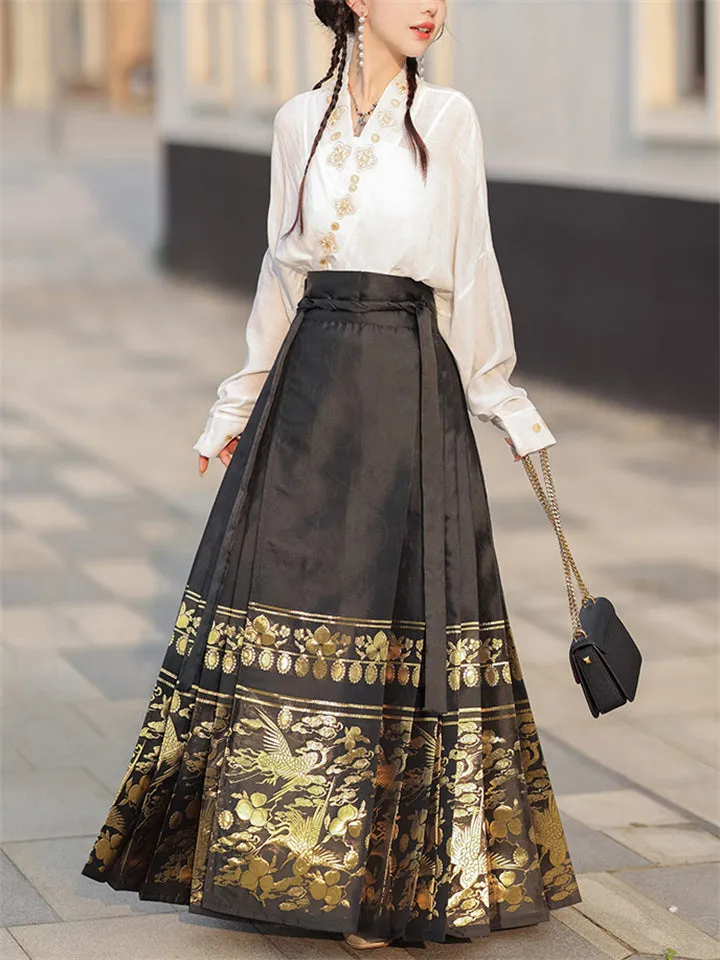 Women's Crane Cloud Pattern Horse Face Pleated Skirts
