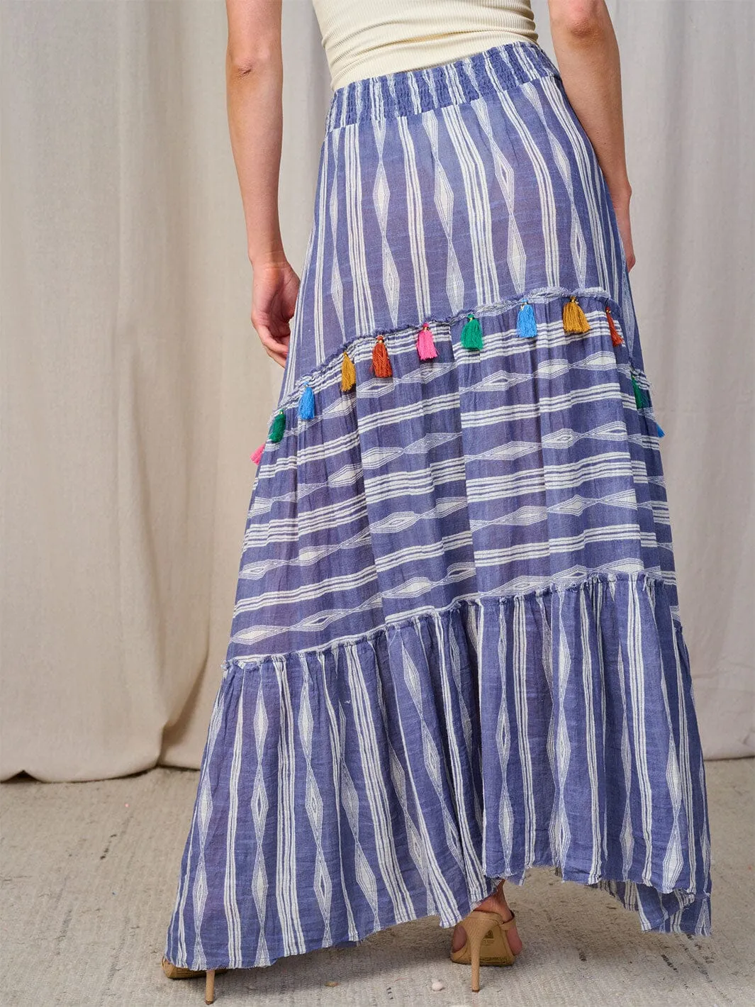 WOMEN'S ELASTIC WAIST PRINT TASSEL MAXI SKIRT
