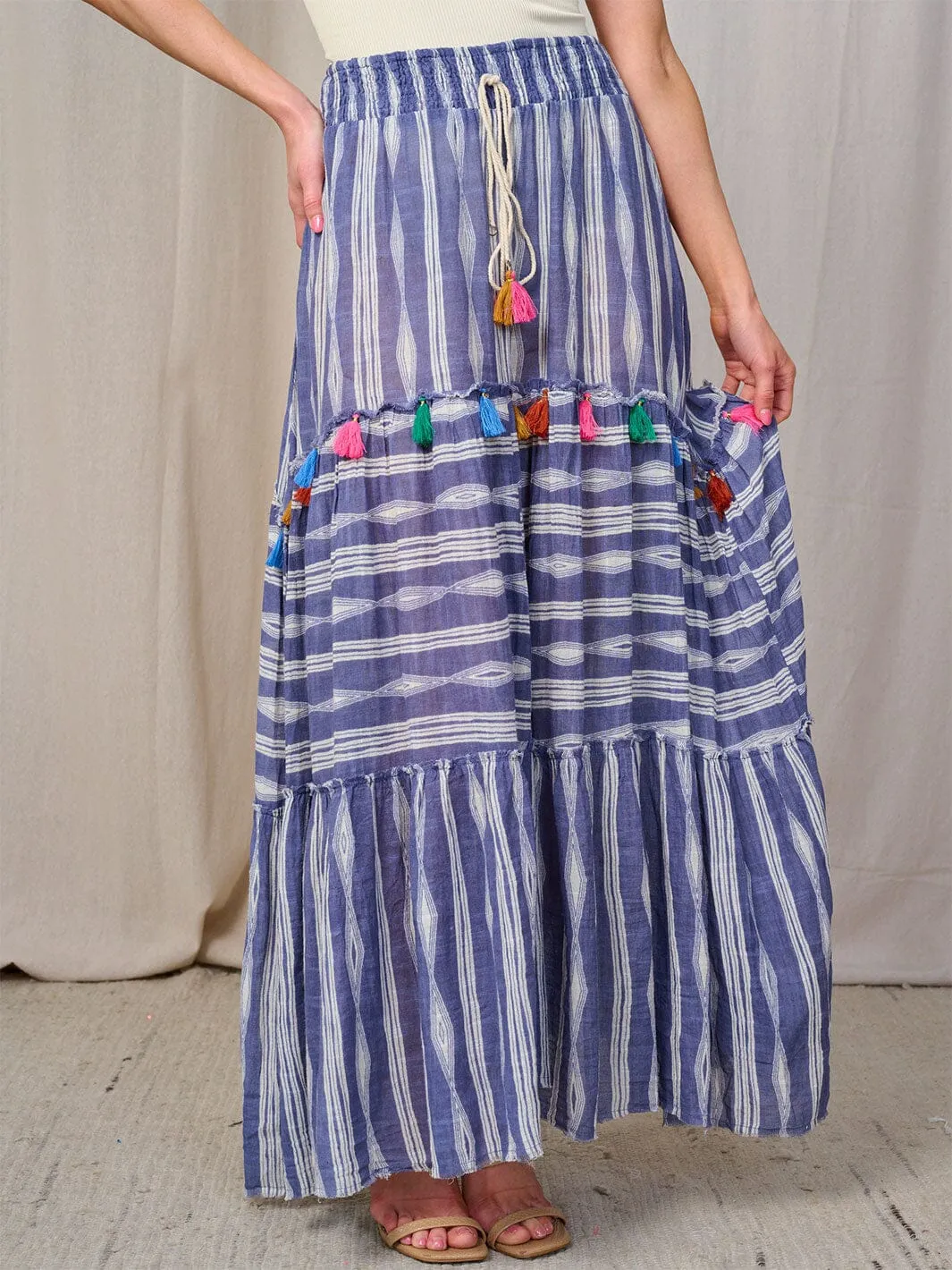 WOMEN'S ELASTIC WAIST PRINT TASSEL MAXI SKIRT