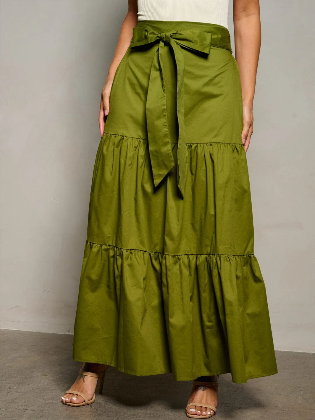 WOMEN'S ELASTIC WAIST RUFFLE TIERED MAXI SKIRT