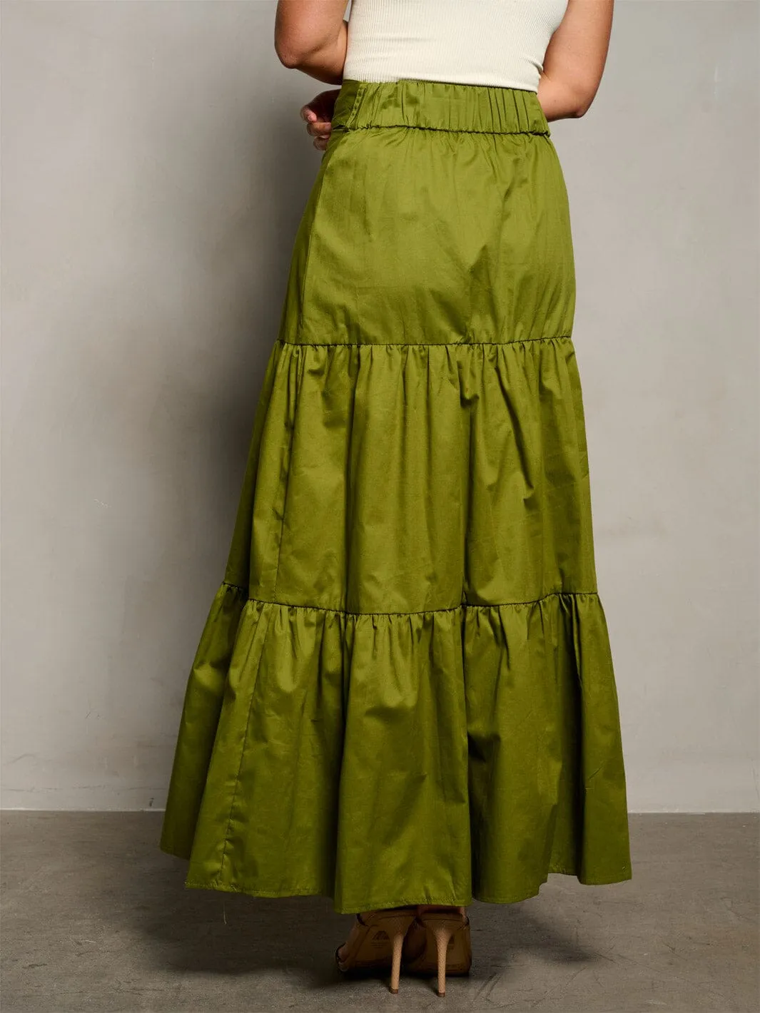 WOMEN'S ELASTIC WAIST RUFFLE TIERED MAXI SKIRT